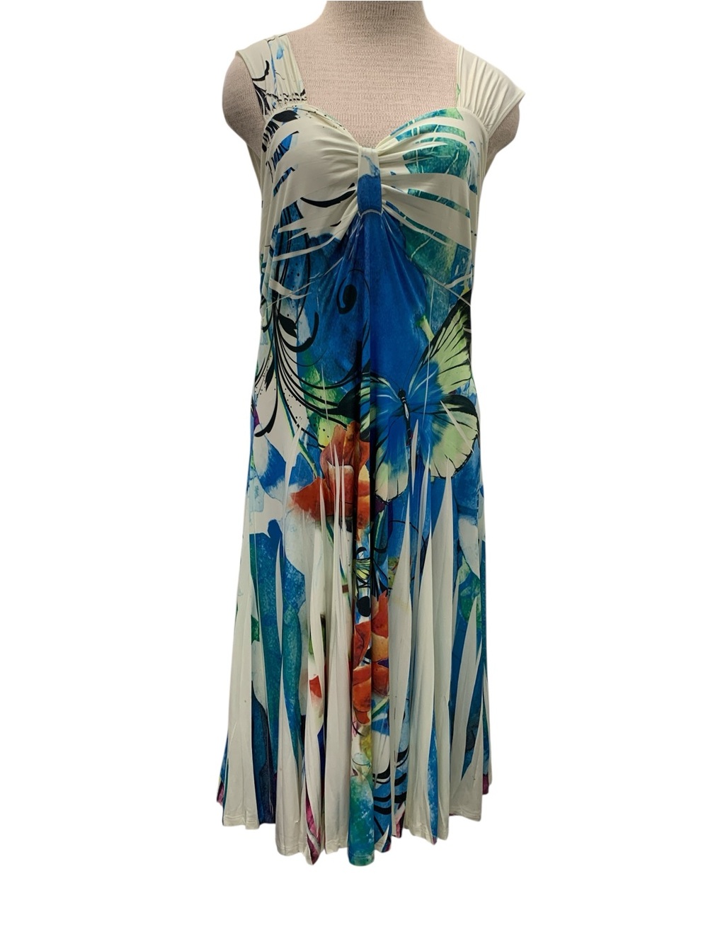Reina Sleeveless Floral Midi Dress in White and Blue Size Xl
